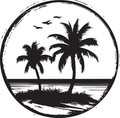 palm coconut tree on a sea beach with birds flying above silhouette illustration art vector