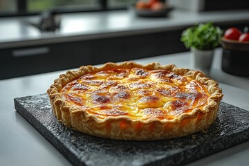 Freshly baked quiche with golden crust on slate board in modern kitchen with natural light and herbs