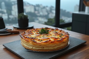 Golden potato gratin with herbs on slate plate in modern kitchen with city view background