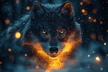 Majestic wolf staring in winter snow with glowing fiery light particles, intense gaze, night forest, dramatic wildlife scene, digital art