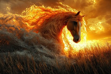 Majestic horse with fiery mane galloping through waves at sunset in a mystical landscape