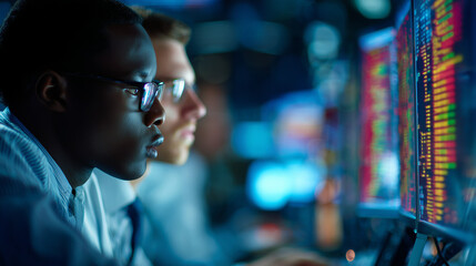 Financial analysts monitoring stock market, intense focus, data screens