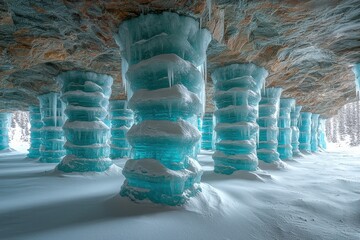 Frozen ice pillars in snowy winter cave landscape with rocky ceiling and blue transparent columns
