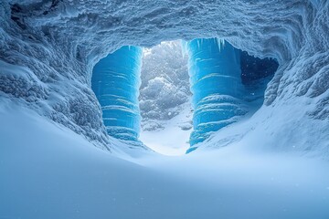 Breathtaking frozen ice cave with blue pillars and snowy entrance in winter landscape, natural glacier formation
