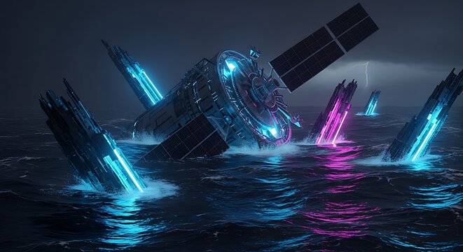 Futuristic Satellite Wreckage in Ocean A Digital Art Concept