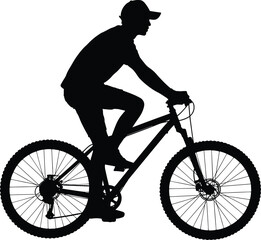 Fototapeta premium Silhouette of a person riding a mountain bike with a cap on a white backdrop