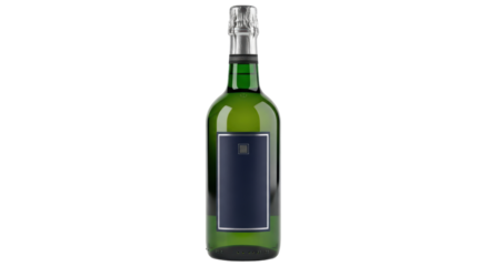 Isolated full sparkling wine bottle with dark blue label for advertisement and marketing use