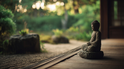 Serene Buddha in Zen Garden: A tranquil scene of a Buddha statue in a serene zen garden. The statue sits in a meditative pose. The peaceful scene evokes a sense of calm and spiritual reflection.