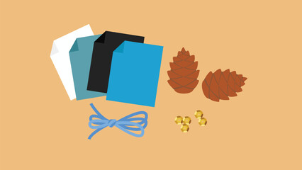 Colored paper, thread, beads and autumn leaves. Flat style vector illustration.