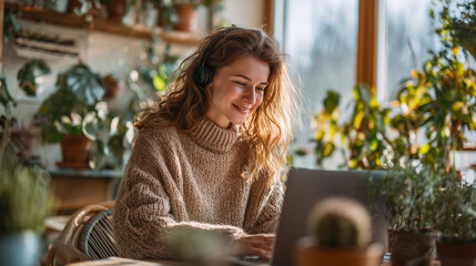 Cozy Workspace in Nature's Embrace: A woman, immersed in her work, surrounded by vibrant greenery, radiates contentment and productivity.