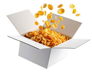Open box overflowing with cereal flakes