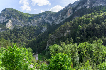 Fototapeta premium The image captures the breathtaking Raxseilbahn cable car in Austria, surrounded by lush green hills and towering mountains with a clear blue sky adorned with fluffy clouds, providing a perfect