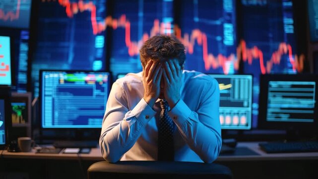 A trader experiences intense stress while analyzing market trends in a busy trading room. The atmosphere is tense as market graphs show significant drops in performance