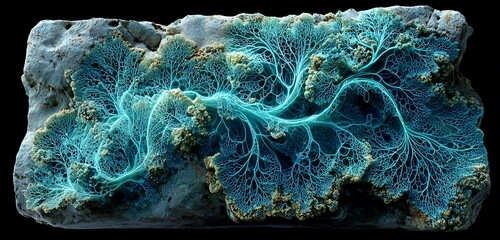 Lost oceanic hologram map encoded on ancient coral stone slab glowing cyan