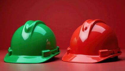 Fototapeta premium Red and green hard hats with festive decorations, wide banner, holiday, christmas tree, construction
