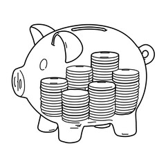 Transparent piggy bank full of coins black and white vector