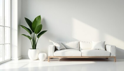 Sleek white walls, sculptural furniture, single statement plant , apartment, texture, livingroom
