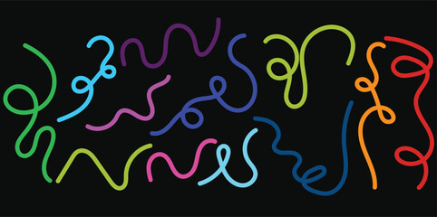 A vibrant and abstract collection of colorful, wavy, and curly lines on a black background, suggesting playful movement and creative expression in a modern, artistic style