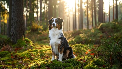 A tri-colored dog sits amidst mossy ground in a sun-dappled forest