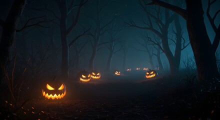 Halloween Haunted Forest Path with Glowing Pumpkins