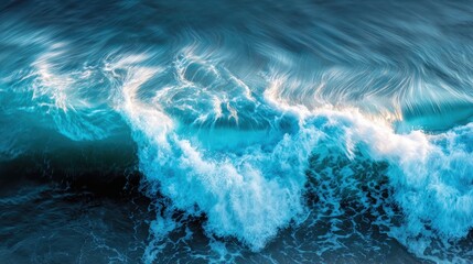 Dramatic ocean waves crashing with white foam and spray captured in motion blur. Powerful turquoise blue water showing natural force and energy