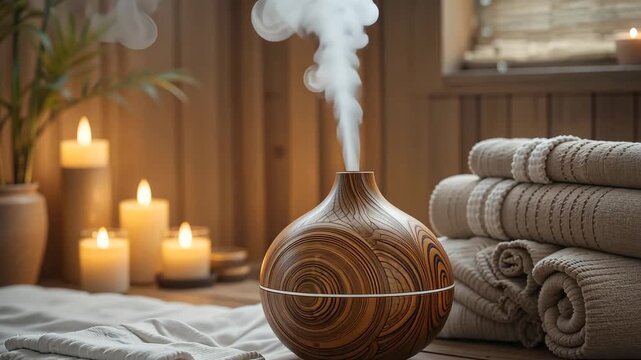 Wooden aroma diffuser releasing steam among lit candles and towels in cozy spa interior with warm light. Concept of relaxation and wellness