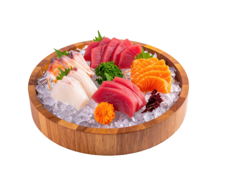 Wooden platter of assorted sashimi, featuring tuna, salmon, and other fish, on ice - Powered by Adobe