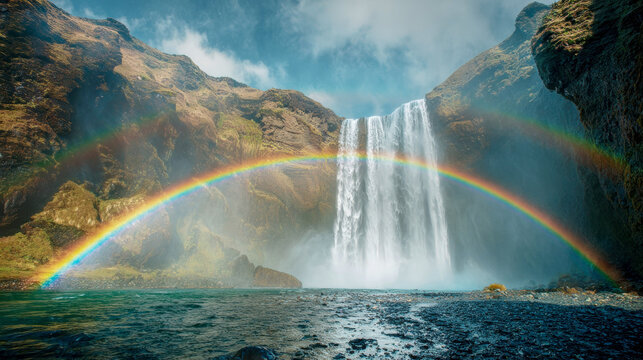 Spectacular Skogafoss waterfall in Iceland with dramatic double rainbow arcing across misty cascade surrounded by rugged mountain landscape scenery