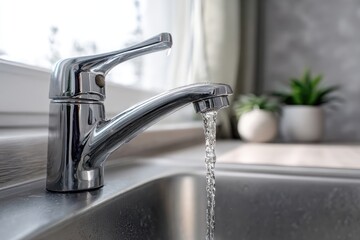 Chrome Kitchen Faucet With Water Flowing Into Stainless Steel Sink