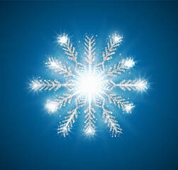 Silver shiny glitter snowflake isolated on blue sky festive background. Christmas and New year concept. Vector illustration