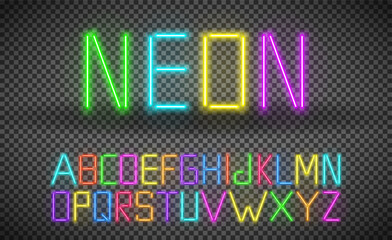Rainbow glowing neon bar alphabet on transparent background. Glowing realistic font. Vector illustration