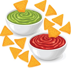 Delicious guacamole and salsa with tortilla chips appetizer platter ready for dipping vector