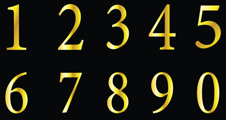Golden numbers from 0 to 9 displayed in two rows on a black background, representing a complete set of digits for counting and mathematical operations
