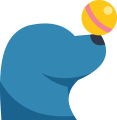 Blue circus seal balancing yellow ball on its nose, performing a trick