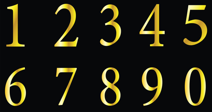 Golden numbers from 0 to 9 displayed in two rows on a black background, representing a complete set of digits for counting and mathematical operations