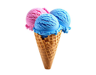 Three scoops of pink and blue ice cream in a waffle cone (1)