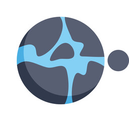 Dark exoplanet with light blue rivers and a small grey satellite is orbiting in space