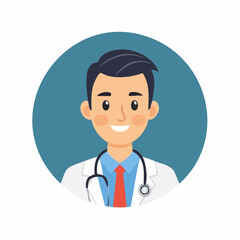 Illustration of a smiling doctor with a stethoscope wearing a white coat and red tie.