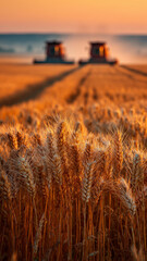 Obraz premium Golden hour transforms vast wheat field into a serene landscape