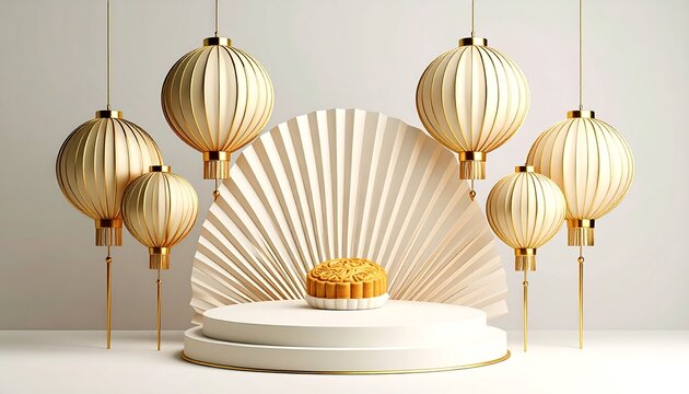 Artistic podium surrounded by floating lanterns with mooncake centerpiece. Mooncake Festival also known as the Mid-Autumn Festival is a traditional celebration in many Asian cultures