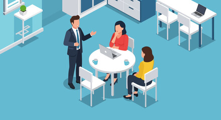 Business meeting in an office setting, isometric view.
