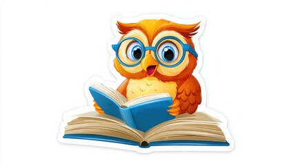 Obraz premium Colorful Cartoon Owl Wearing Glasses Reads an Open Book in a Cheerful and Cozy Scene