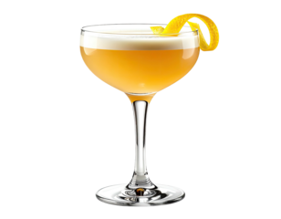 Golden cocktail in a coupe glass, garnished with lemon zest