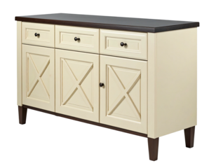 Light beige sideboard with dark brown trim and three drawers and doors.  X-shaped design on the doors