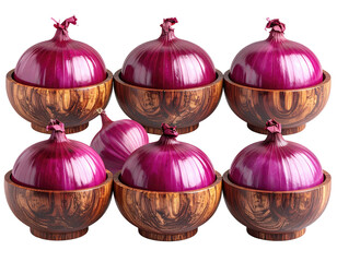Six deep-purple onions nestled in wooden bowls