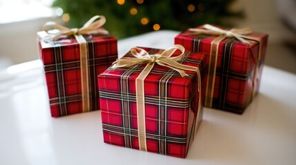 Festively wrapped presents sit on a white table with a blurred Christmas tree in the background, creating a joyful holiday atmosphere