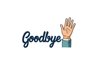 A stylized hand waving goodbye, with the word "Goodbye" written in a script font.