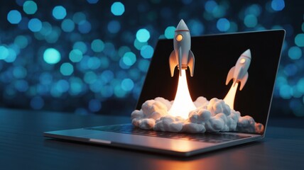 Digital Launchpad: A laptop transforms into a launchpad, with rockets soaring from the screen, representing new beginnings and limitless digital innovation.