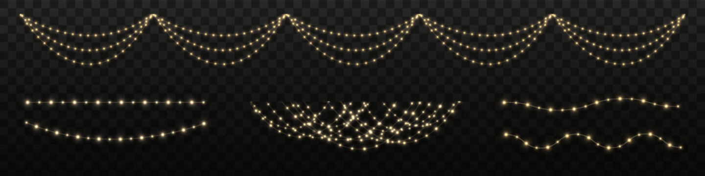 Glowing Christmas lights garland. Golden LED lights isolated on transparent background for festive design. Set garlands PNG
