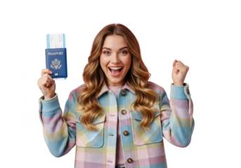 Excited woman holds product celebrating achievement with joyful expression and raised fist isolated on transparent background